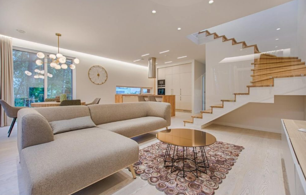 Elegant open-plan living room after professional cleaning